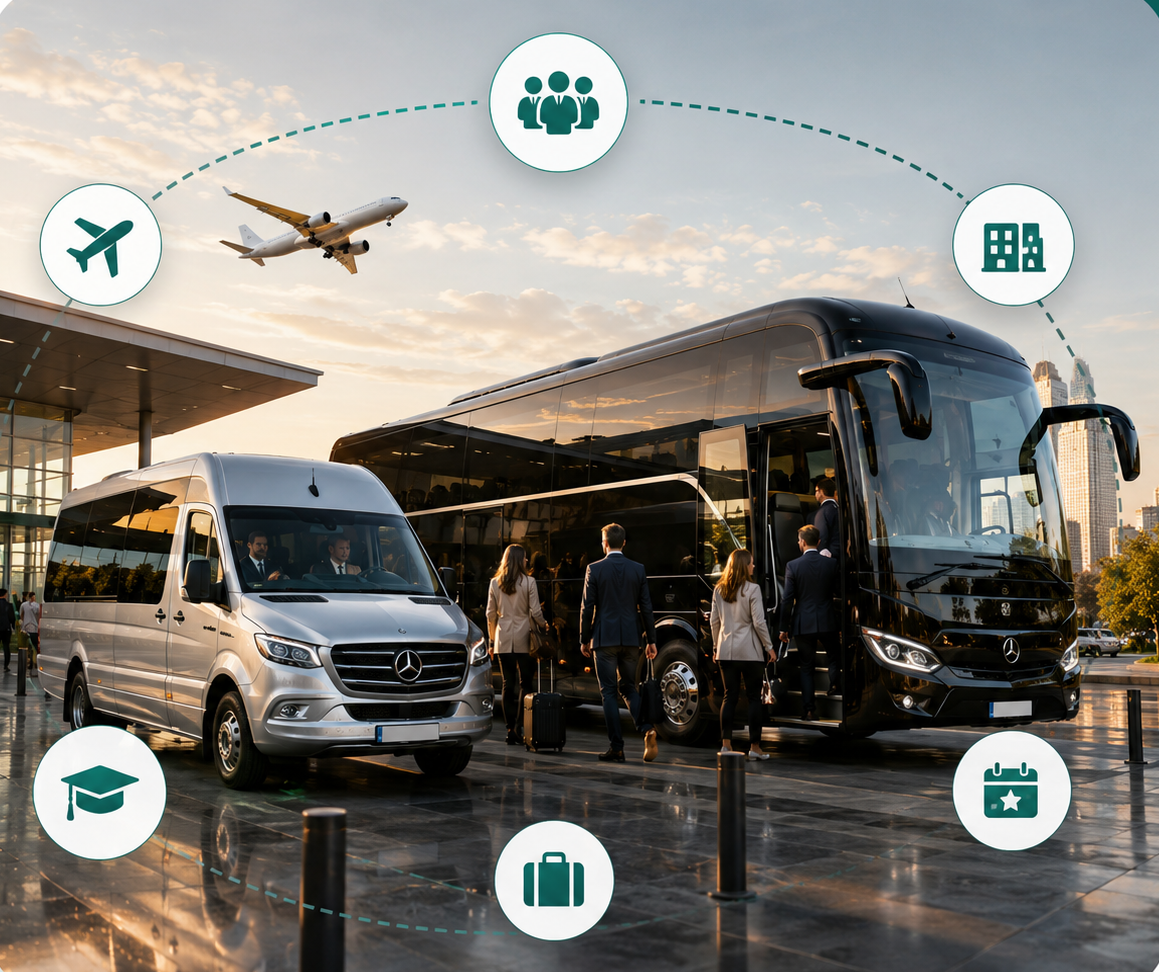GB Coach Hire minibus and coach parked at an airport terminal with a professional driver assisting passengers